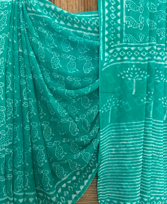Turquoise Green Georgette doria handblock sari