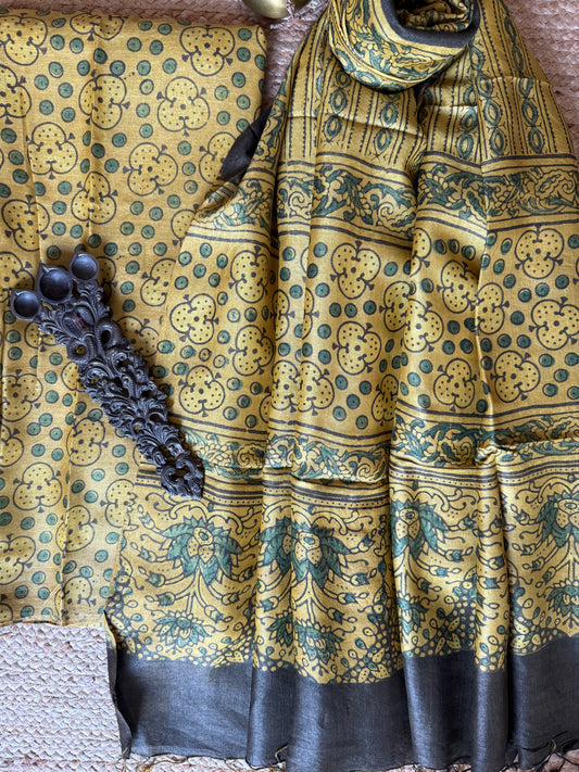 Mustard yellow ajrakh tussar silk handblock suit set tss- 7