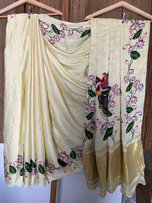 IVORY PICHWAI MODAL SILK PRINT SARI WITH ZARI BORDER