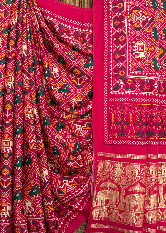 Pink modal silk patola print sari with zari border pms-