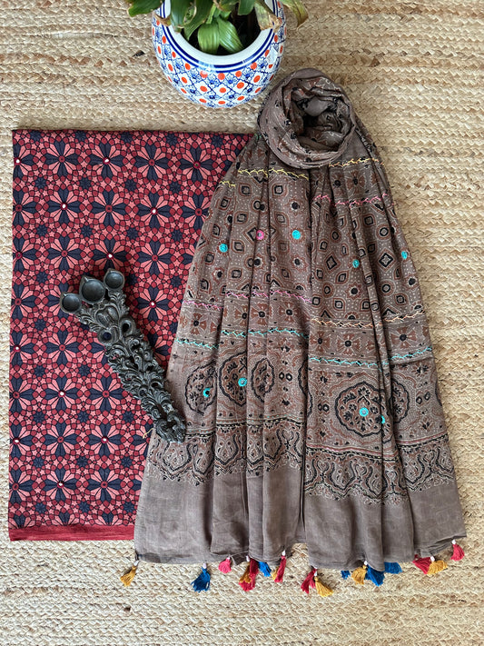 MAROON AJRAKH HANDBLOCK AND HAND EMBROIDERY KURTA WITH  AJRAKH HAND EMBROIDERY DUPATTA
