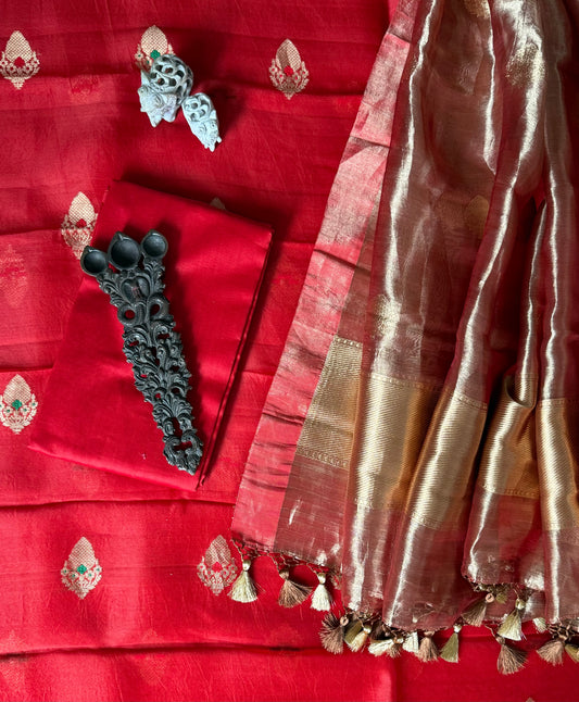 Crimson Red Meenakari Kora silk certified handloom Banarsi kadwa Booti three piece suit   CBS-55