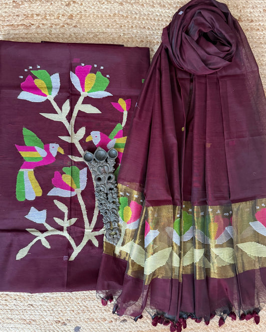Sunset Maroon handwoven jamdani pure cotton silk kurta set mjk