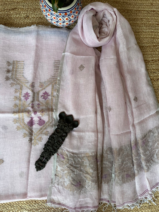 BABY PINK WOVEN LINEN  KURTA SET