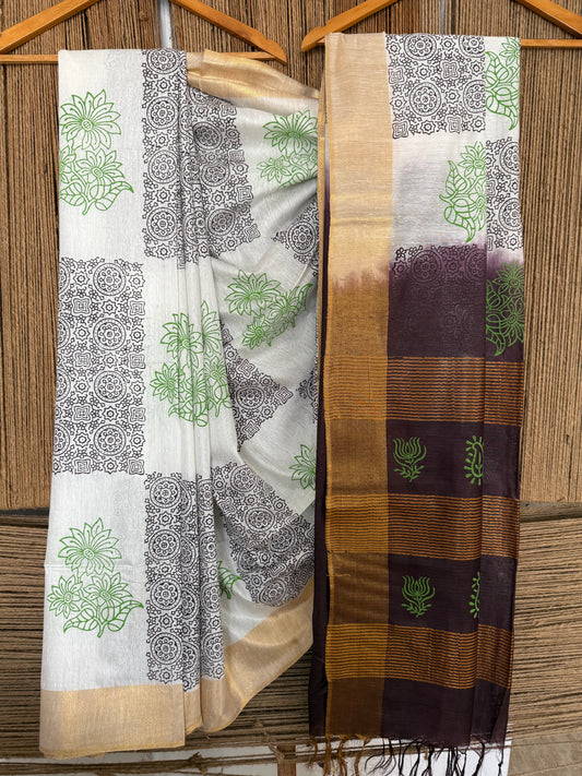 BEAUTIFUL WHITE & WINE HANDBLOCK PRINTED SARI IN SEMI TUSSAR WITH BLOUSE
