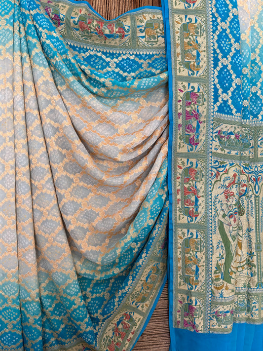 Azure blue Ombré Handwoven Rai  Bareek Bandhani Saree Meenakari Jaal with Khaddi Georgette  Mks-12