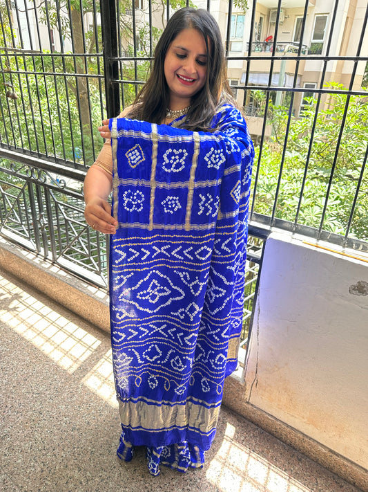 SAPHIRE BLUE GAJJI SILK RAI BANDHANI  GHARCHOLA SARI