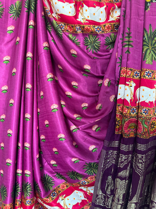 PURPLE MODAL SILK PICHWAI SARI WITH ZARI BORDER