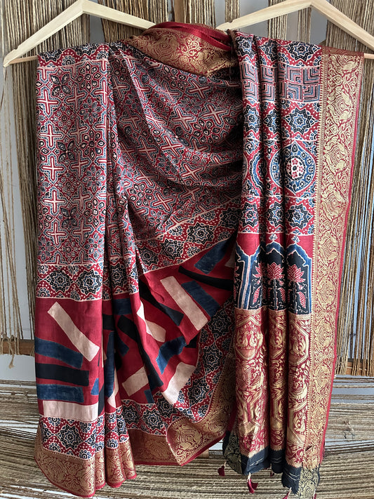 MAROON  RED DOLA  SILK AJRAKH ZARI BORDER SARI