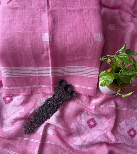 SALMON PINK PURE JAYSHREE  LINEN JAMDANI HANDWOVEN KURTA SET