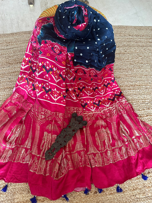PRUSSIAN BLUE MODAL SILK BANDHANI DUPATTA WITH PICHWAI PRINT IN NAKSHI BORDER