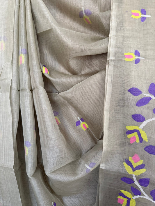 Grey jamdani handwoven pure muslin silk sari