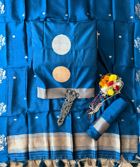 Peacock Blue Katan silk certified handloom banarsi kadwa booti three piece suit   cbs-58