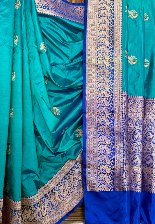 Teal Blue Katan silk certified  handloom banarsi sari with woven zari