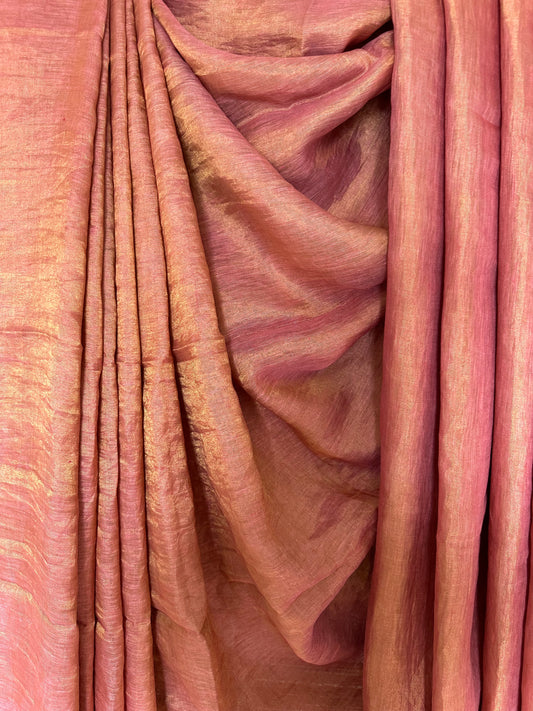 Raspberry Pink Golden Metallic linen Sari with Silver woven  Border and Tassels