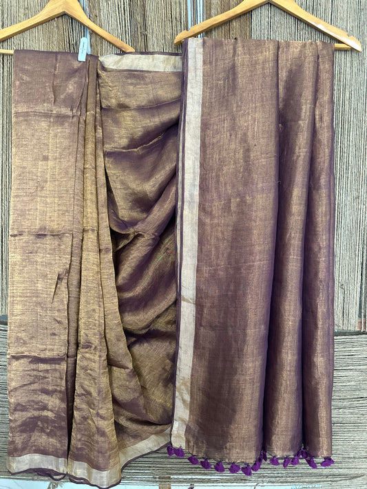 012 PURPLISH GOLD METALLIC LINEN SARI WITH WOVEN  BORDER ML-29