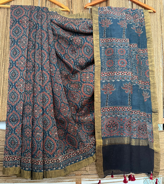 BLUE NATURAL DYE HANDCRAFTED HANDBLOCK AJRAKH LINEN SILK SARI