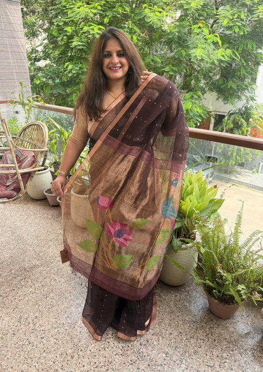 Chocolate Brown Jamdani sequence work handwoven pure muslin silk sari With Matka Silk Blouse Piece