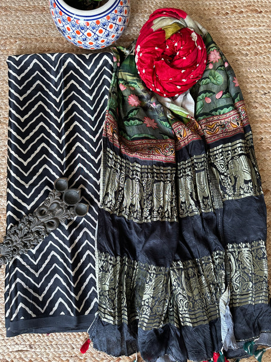 BLACK MASHRU KURTA WITH BANDHANI PICHWAI HANDCRAFTED  MODAL SILK DUPATTAS