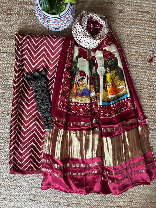 MAROON ZIGZAG MASHRU SILK KURTA WITH PATOLA HANDCRAFTED MODAL SILK DUPATTA PS-52