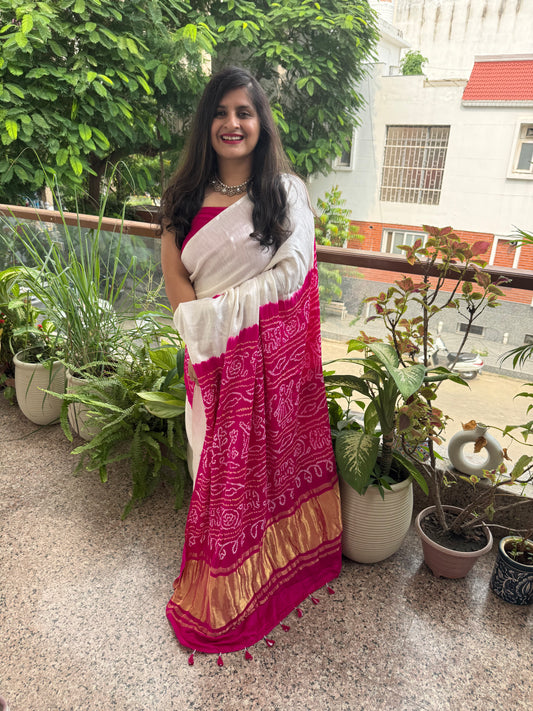 ULTRA PINK & WHITE GAJJI SILK RAI BANDHANI CHAKRA THEME GAJJI SARI  BS- 201