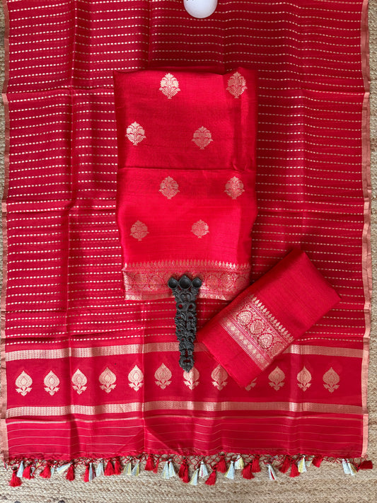 Scarlet Red raw silk certified handloom banarsi kadwa butti with woven zari three piece suit