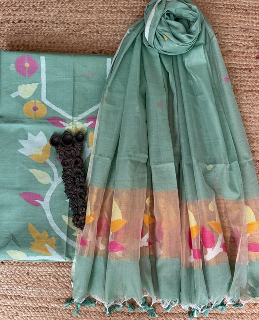 Mint Green handwoven jamdani pure cotton silk kurta set mjk-
