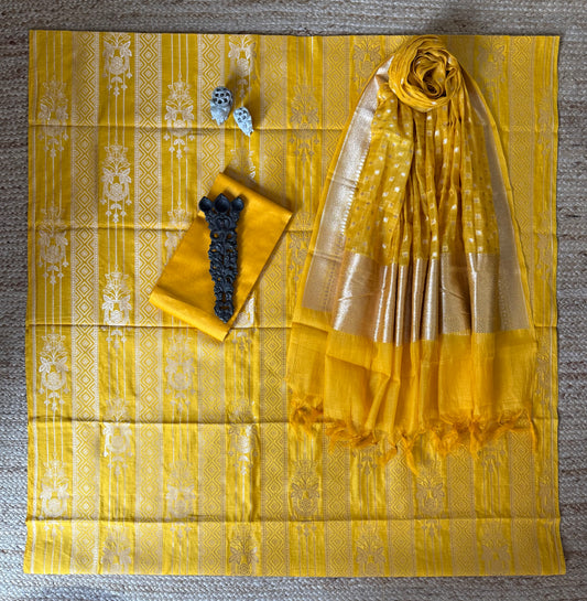 Gold yellow Chinia silk certified handloom Banarsi Booti three piece suit