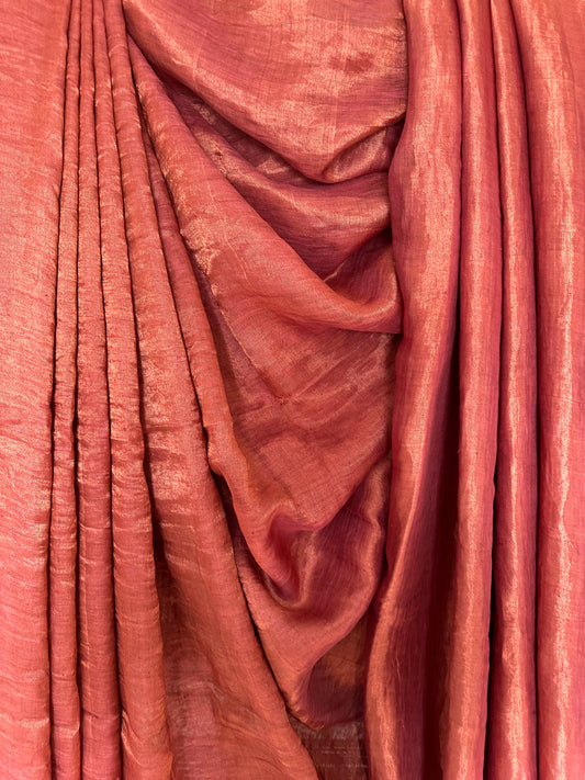 Rust Maroon Golden Metallic linen Sari with Silver woven  Border and Tassels