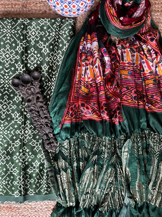GREEN MASHRU KURTA WITH BANDHANI PICHWAI HANDCRAFTED  MODAL SILK DUPATTAS