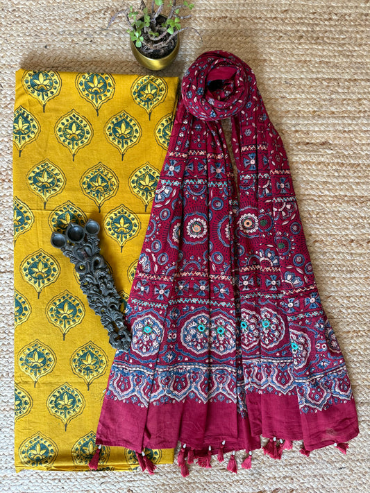 MUSTARD YELLOW AJRAKH HANDBLOCK AND HAND EMBROIDERY KURTA WITH  AJRAKH HAND EMBROIDERY DUPATTA