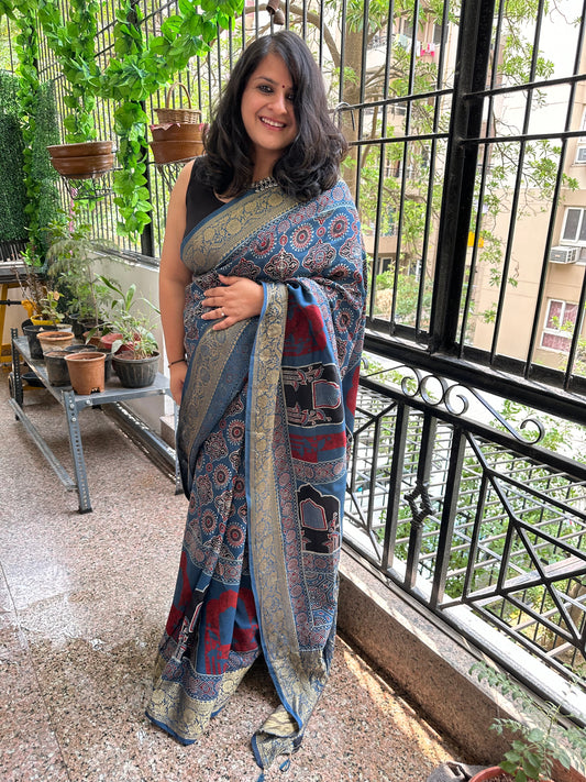 INDIGO BLACK DOLA  SILK AJRAKH ZARI BORDER SARI