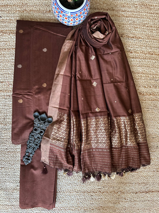 Cola Brown Katan silk certified handloom Banarsi Booti three piece suit