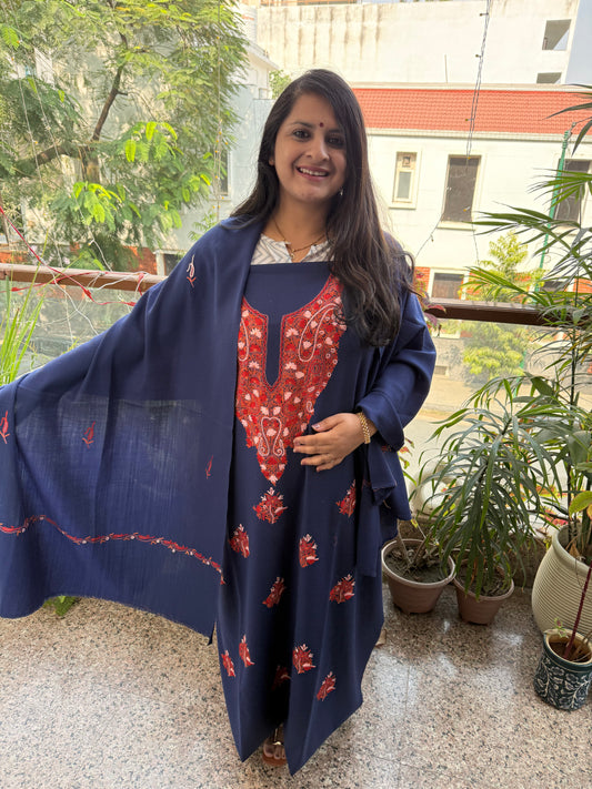 NAVY  BLUE THREE PIECE EMBROIDERED WORK MERINO WOOL UNSTITCHED SUIT SET WITH HAND EMBROIDERY (AARI WORK / SOZNI) WS -3