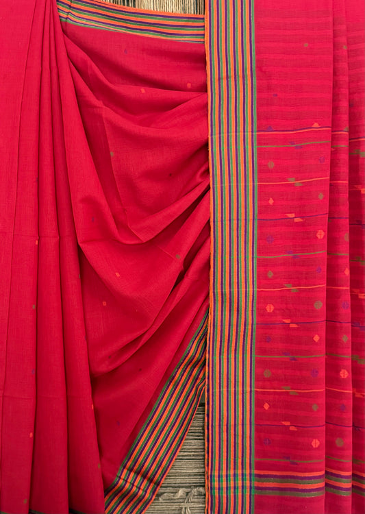 Red handloom cotton needle jamdani wove sari