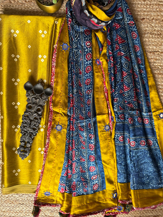 MUSTARD YELLOW MASHRU SILK KURTA WITH AJRAKH PATCHWORK  HANDCRAFTED  MODAL SILK DUPATTA PWK-19
