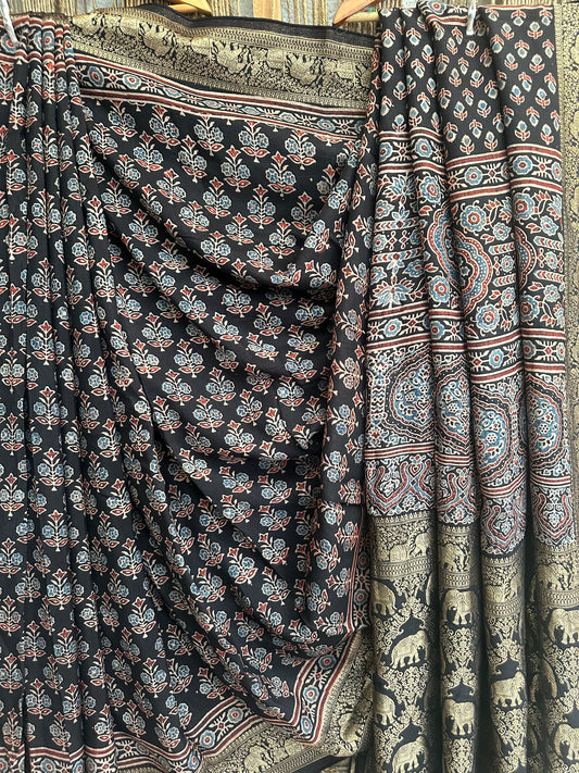 BLACK DOLA  SILK AJRAKH ZARI BORDER SARI