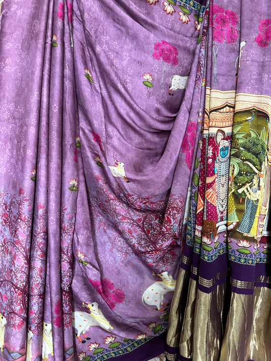 PURPLE PICHWAI  MODAL SILK PATOLA PRINT SARI WITH ZARI BORDER