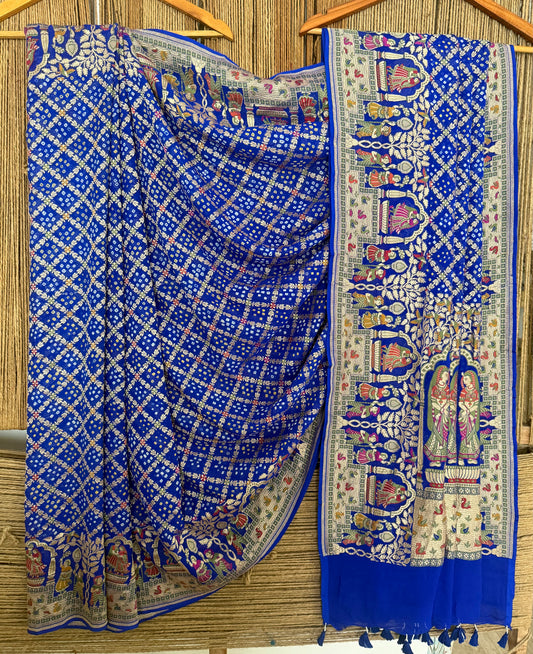 Blue Handwoven Rai  Bareek Bandhani Saree Meenakari Jaal with Khaddi Georgette  Mks-12