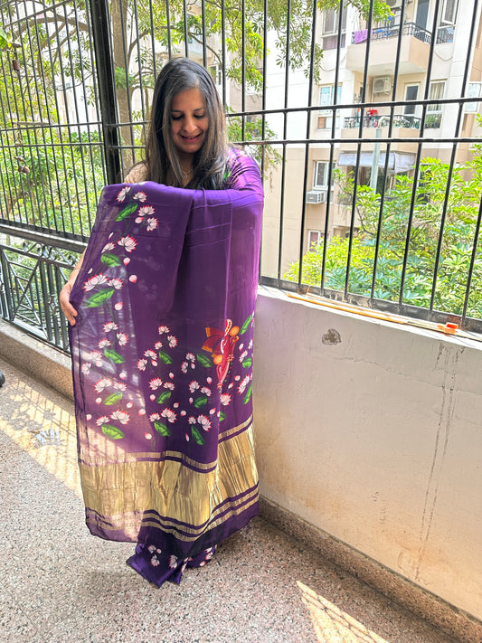 PURPLE PICHWAI  MODAL SILK PATOLA PRINT SARI WITH ZARI BORDER