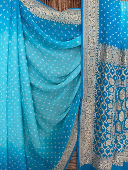 Blue Handwoven Neem Zari Bareek Bandhani Saree with Khaddi Georgette BS- 303