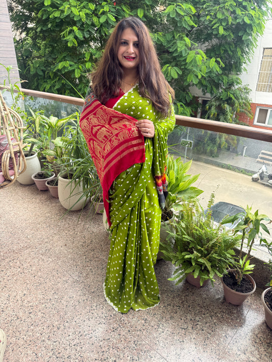 Mehendi green modal silk bandhani  sari with pichwai print