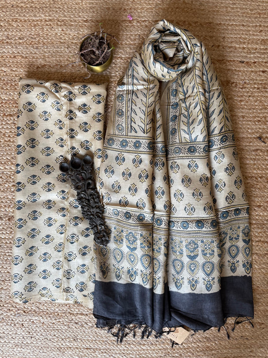 BEIGE AJRAKH TUSSAR SILK HANDBLOCK SUIT SET TSS- 19