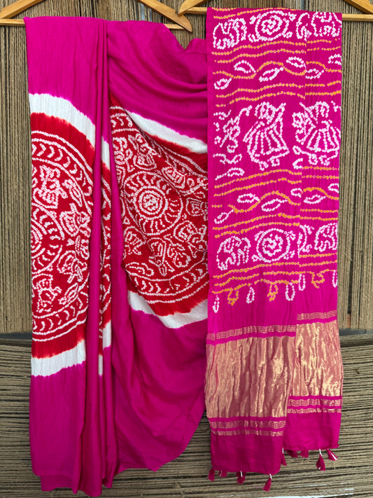 PINK & RED GAJJI SILK RAI BANDHANI CHAKRA THEME GAJJI SARI  BS- 202