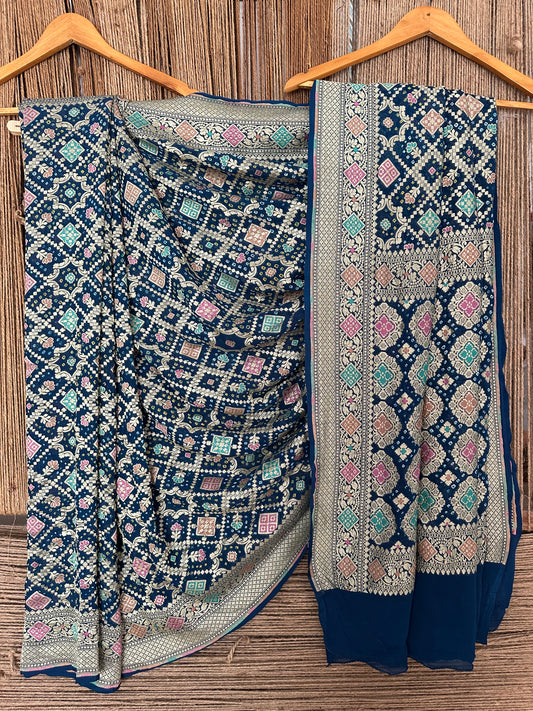 Navy Blue  Handwoven Neem Zari Bareek Bandhani Saree with Khaddi Georgette with Meenakari Work BS- 16