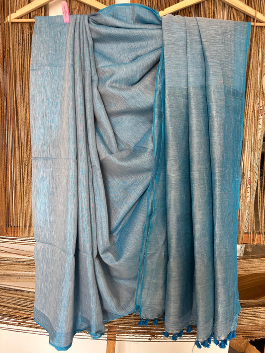 BLUE SILVER TISSUE LINEN ZARI SARI WITH WOVEN RED BORDER