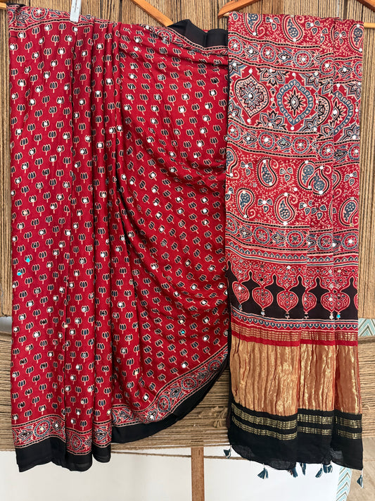 MAROON AJRAKH HANDCRAFTED MIRROR WORK MODAL SILK SARI WITH ZARI PALLU