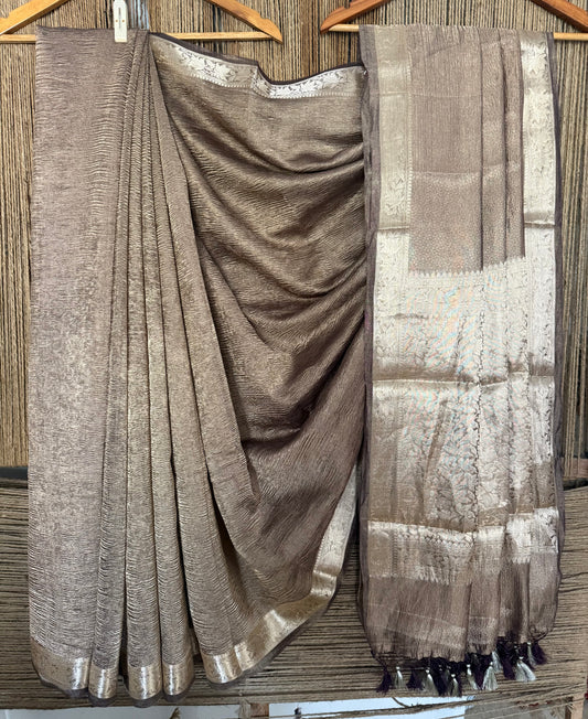 Burnt purple banarasi zari crushed tissue sari