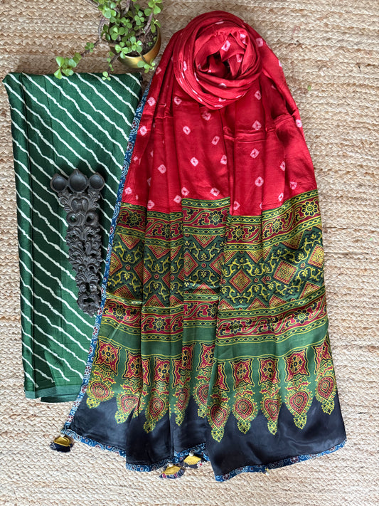 GREEN MASHRU SILK KURTA WITH AJRAKH PATCHWORK  HANDCRAFTED MIRROR WORK MODAL SILK DUPATTA PWK-5