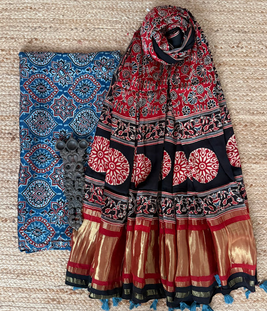 Blue Modal Silk Kurta With Maroon Ajrakh Handcrafted Modal Silk Dupatta